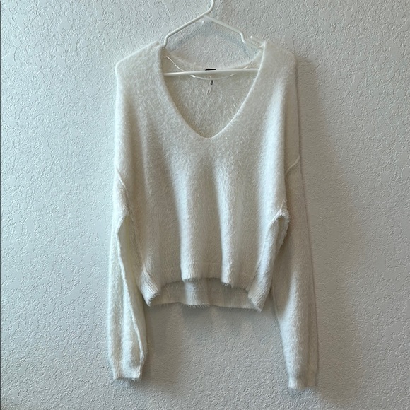 Free People Cream V-Neck Sweater with Plush Knit - Picture 1 of 9